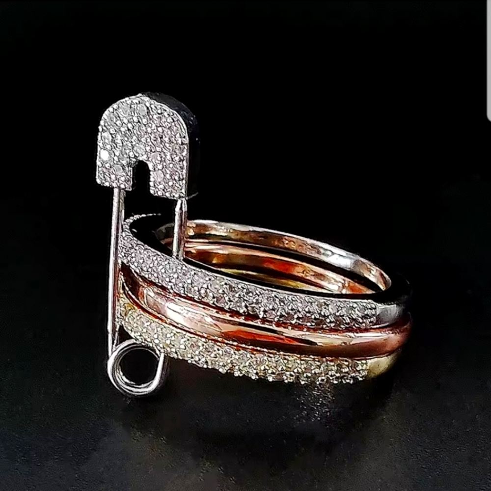 Tricolor Safety Pin Stackable Ring with Pavé Crystals - Rose, Gold, Silver